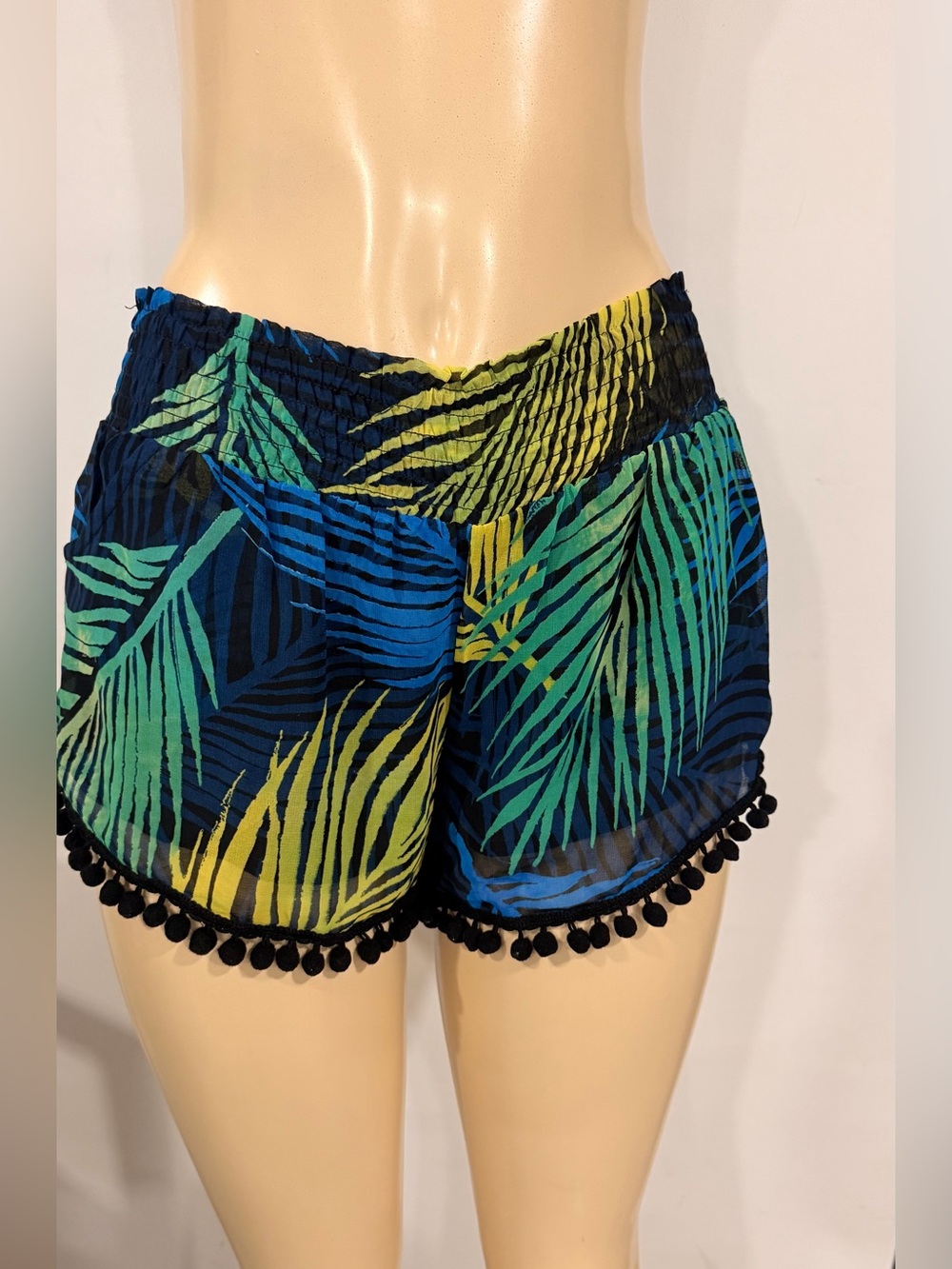 Olivaceous Tropical Palm Pom-Trim Shorts - Blue/Green/Yellow
